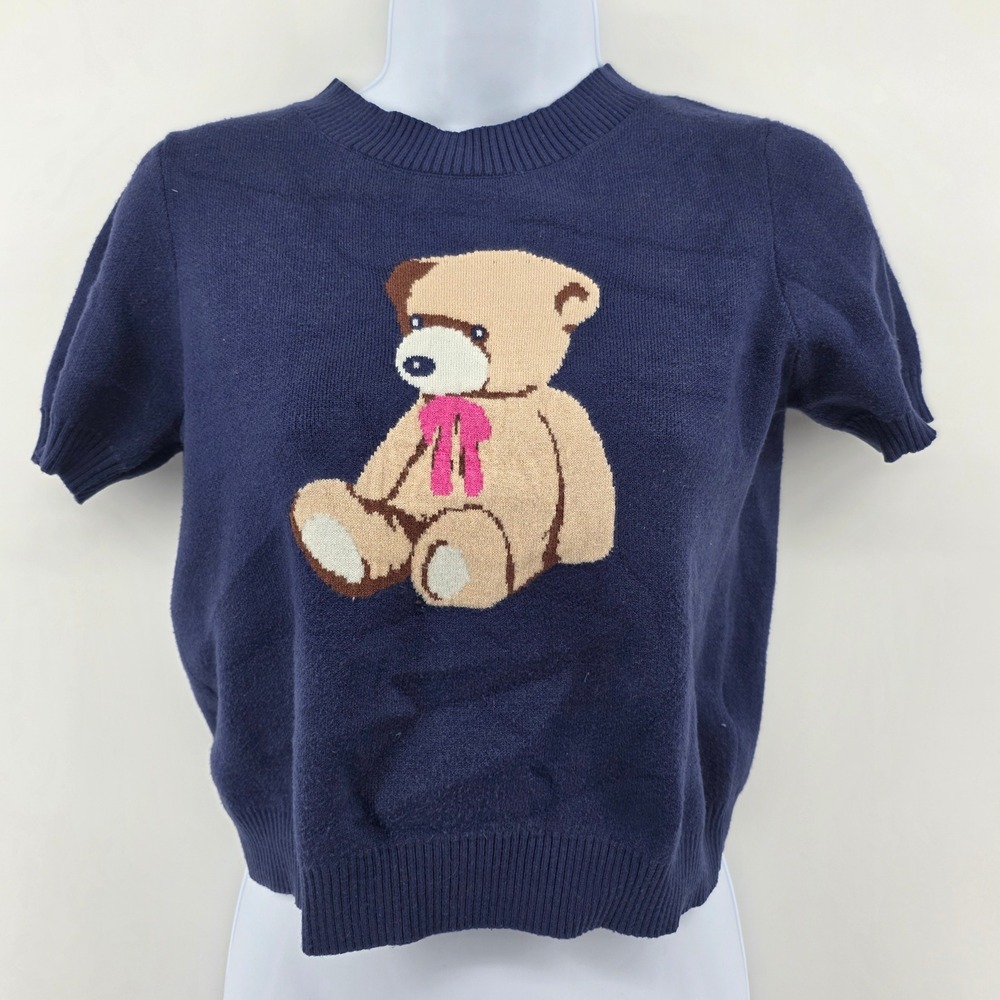 Willow & Wind Navy Teddy Bear Short Sleeve Knit‎ Sweater Top Women's Size Medium